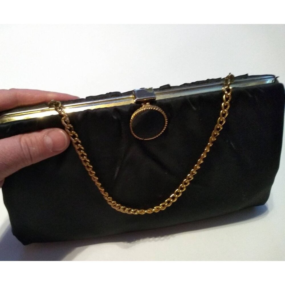Vintage Black satin clutch handbag purse bag clasp retractable Chain Handle AsIs - Picture 7 of 10